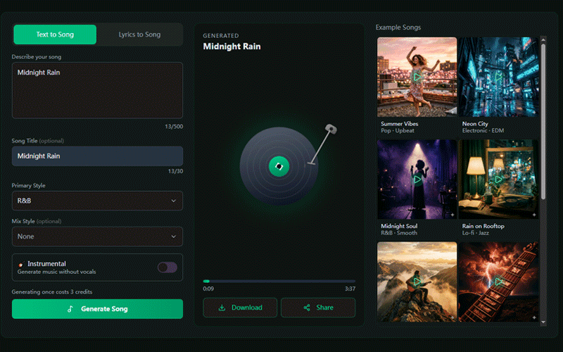 MelodyCraft AI Music Generator supporting text-to-song and lyrics-to-song modes with 70+ music styles